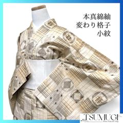 小紋 本真綿紬 変わり格子 円弧模様 縦縞 横縞 ベージュ 着物 041a d