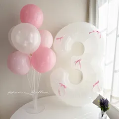 【ナンバーバルーン＆風船７個（予備付き）＆ピンク系 リボン５個セット】誕生日飾り風船セット　バレーコア　艶消し上質サテンリボン　40インチホワイトナンバーバルーン　０~９より選べます　おうちフォト　インスタ映え