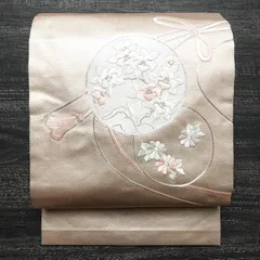名古屋帯 太鼓柄 銀駒刺繍 正絹 花柄 名古屋仕立て 銀糸 刺繍 ピンク