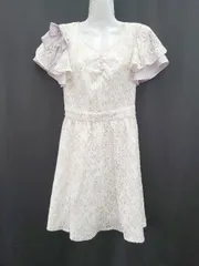 ◇ ⊂ LODISPOTTO レース リボン フレアスリーブ ミニ丈 ワンピース サイズＭ ホワイト系ピンク系 レディース E  【1508060001818】