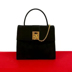 極 美品 CELINE セリーヌ ヴィンテージ リング金具 ロゴ スエード レザー 本革 ハンドバッグ ミニ トートバッグ ブラック 黒 s472a