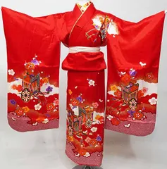 七歳 女児 着物と長襦袢セット 仕立て上がり 赤色地 刺繍入り半襟縫い付け済み 7歳 7才 七才 女の子 NO40344