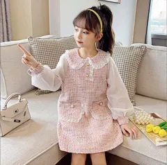 スーツ 女の子 入学式 フォーマル 子供  ワンピース セレモニー 服 きれいめ チュニック 子ども 子供服 ピアノ発表会 キッズ おしゃれ 春 結婚式 春 ツイード 110 120 130 140 150 入園式 5歳 7歳 120 女の子 yijia02