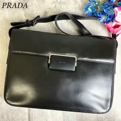 【良品】 PRADA プラダ ショルダーバッグ トートバッグ フラップ ロゴ型押し シルバー金具 総柄 ロゴプレート 白タグ カーフレザー 肩掛け ユニセックス レディース メンズ ブラック 黒色