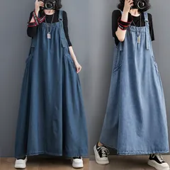 デニムワンピース レディース デニムサロペット ワンピース スカートデニム ワンピ ロングワンピース ジャンパースカート ワンピ デニムAライン オーバーオール サロペット サロペ スリット 体型カバー 大きいサイズ春 秋 冬 韓国ファッション大人 ゆったり