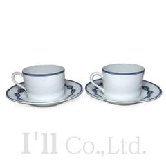 HERMES　エルメス　シェーヌダンクル　ティーカップ＆ソーサー　2客セット　002716P　陶器　ホワイト　ブルー　ブランド食器　テーブルウェア　コーヒーカップ　ペア　コップ　プレート　皿【中古】【77036】