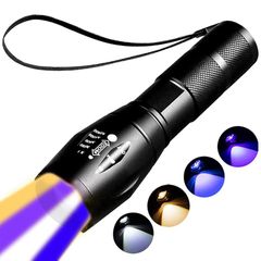 【新着商品】充電可能な多機能懐中電灯?4色ランプ、ブラックライト紫外線懐中電灯、狩猟用血液追跡灯、4パターン。 LED紫外線黒色光と青色光、白色光と黄色光。