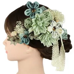 髪飾り 成人式 つまみ細工 青緑 水色 エメラルドグリーン オフホワイト アイボリー グレー ゴールド 振袖 前撮り 袴 花 ちりめ No.9-5441