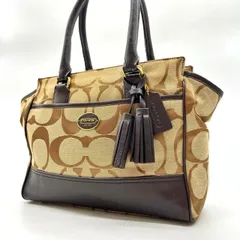 ✨良品✨ COACH コーチ ハンドバッグ トートバッグ シグネチャー キャンバス レザー ロゴプレート フリンジ ベージュ 肌色 ブラウン 茶色 A4収納可能 ユニセックス 男女兼用 メンズ レディース