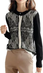 blue beryl カーディガン レディース ニット フロントレース パールボタン 長袖 ラウンドネック パイピング シック ポリエステル BB022-BK-L( ブラック,  L)