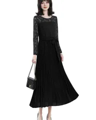 『数量限定』 パーティードレス ワンピース ドレス レディース レース プリーツ 切り替え 長袖 ベルト [Yino] 裏地 着痩せ ロング丈 女性らしい 可愛い フォーマル 結婚式 二次会 披露宴 お呼ばれ 秋 春