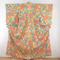 小紋 ポリエステル 袷 黄色ｘオレンジ色ｘ緑色 薔薇模様 バチ衿 仕立て上がり 身丈155cm