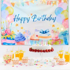 【特価商品】誕生日 タペストリー 飾り付け バースデー 飾り ハッピーバースデー 写真撮影 背景布 パーティーグッズ 大人 子供 付属品付き 再利用可能 105×70cm (Happy Birthday)