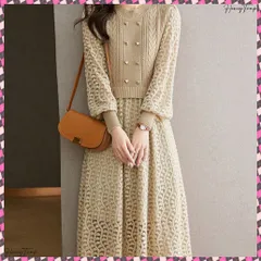 送料無料 ニットワンピース ランタンスリーブ 上品 レディース おしゃれ ロングワンピース 体型カバー クルーネック レイヤード風フレアワンピ ハイウエスト長袖 大人可愛い オフィスカジュアル 春秋冬ワンピ 通勤 きれいめワンピ韓国