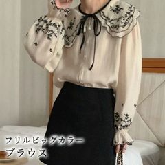 ブラウス レディース 長袖 おしゃれ かわいい 刺繍 フリル 襟 ビッグカラー リボン 白 黒 透け 薄手 キーネック バルーンスリーブ キャンディスリーブ パイピング スカラップ フロントボタン  xiaokb208