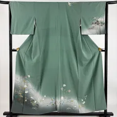 付下げ 身丈155cm 裄丈64cm M 袷 草花 金彩 ぼかし 灰緑 正絹 秀品 【中古】