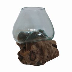 溶けたガラス＆天然木 の花瓶 フラワーベース Mサイズ 流木風 オブジェ アート 睡蓮鉢 すいれん鉢 金魚鉢 めだか鉢 メダカ鉢 ナチュラルティスト バリガラス 090473
