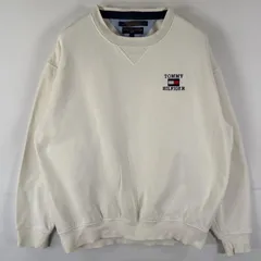 古着 トミーヒルフィガー TOMMY HILFIGER USA製 スウェット トレーナー クルーネック ワンポイントロゴ刺繍 前V ゴルフ L  ホワイト メンズ