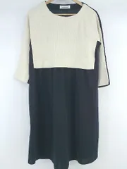 ◇ INTERPLANET 切替 ニット 長袖 膝下丈 ノーカラー ワンピース サイズ F ネイビー ベージュ レディース E  【1306080007403】のサムネイル