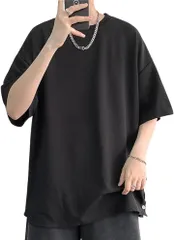 Sposee Tシャツ メンズ スリット 半袖 春夏 薄手 大きいサイズ ゆったり カジュアル シンプル 無地( ブラック,  M)