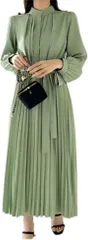Four leaf 上品 プリーツ ロング ワンピース レディース 長袖 きれいめ ハイウエスト ドレス ロングワンピ フォーマル セミフォーマル リボン ロング丈 大きいサイズ(グリーン,  XL)