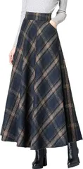 NAKACHI ロングスカート チェック柄 マキシ丈 ハイウエスト レディース Aライン( ネイビー,  XL)