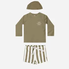 ☆ ストライプ×オリーブ ☆ 120cm ☆ ベビー キッズ 水着 セパレート 帽子付き UVカット gsw6041 子供 水着 男の子 ラッシュガード スイムウェア 長袖 上着 ベビー水着 おしゃれ 短パン 半ズボン トランクス セパレート 紫外線対策