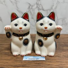 薬師窯 菊花 招き猫 右手 ＆ 左手上げ 緑 小 セット 縁起物 10.5cm Yakushigama Maneki Neko Lucky Cat Set of 2 Green