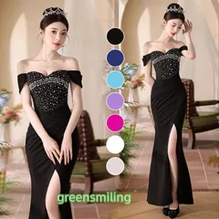 【送料無料】カラードレス ブラック ホワイト ロイヤルブルー ベージュ レッド マゼンタ ライトブルー パープル オフショルダー スリット 【今季トレンド】ZZ520