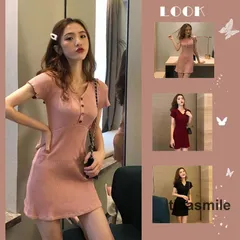 サマーニット レディース ニットワンピース ワンピース ミニワンピース 半袖 Vネック 無地ニット リブニット 薄手ニット ストレッチ 伸縮性 夏新作