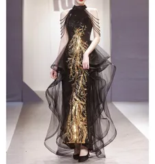 カラードレス パーティードレス イブニングドレス フォーマル カクテルドレス コンサート ブラック マーメイドドレス 袖なし ホルダーネック タイトドレス 刺繍 黒 ゴールド刺繍 チャイナ風 大人 1312