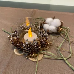 コットンフラワー　切り株　松ぼっくり　グラスキャンドルホルダー　キャンドル