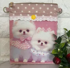 [130]可愛いレース付 2匹の白ポメちゃんミニサコッシュ・スマホポーチ