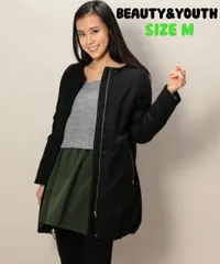 BEAUTY&YOUTH ビューティーアンドユース ジップノーカラーロングダウンジャケット ダウンコート ジップアップ ウール ブラック Mサイズ