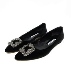 美品MANOLO BLAHNIKハンギシ黒フラット シューズ パンプス38.5約24.5～25.5マノロブラニク