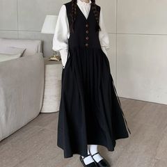 アカデミア風ブラックVネックマッシュルームバックルスリムベストスカートスカートスカートスカートワンピースウエストロングスカート