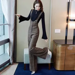 2点セット パンツ ボトムス ニット セーター プルオーバー サロペット セットアップ つなぎ レディース ウール ロングパンツ ワイドパンツ ジャンプスーツ ツーピーストップス ロング 長袖 萌袖 ワイド 裾ワイド ハイウエスト 伸縮性 ボタン かわいい 大