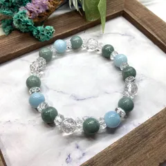 水晶 ビルマ翡翠　アクアマリン 天然石 パワーストーンブレスレット 8mm  カット水晶 ●