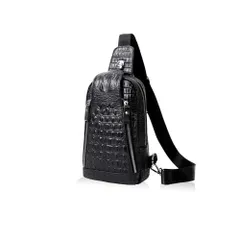 【在庫処分】[Whatna] クロコダイル型押し牛革 斜めがけ ボディバッグ ワンショルダー メンズ 本 革 厚手 レザー黒 (KX5010-牛革黒)