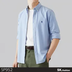 美品 Ralph Lauren ラルフローレン トップス 長袖シャツ 長袖 無地 ワンポイント ボタンダウン カジュアル 　ブルー　 【SP952-00】 送料無料　古着　メンズ