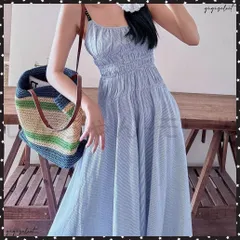 ストライプ柄キャミワンピース 大人可愛い ロングワンピース レディース ギャザーワンピース Aライン 着やせリゾートワンピ 旅行夏服 シー