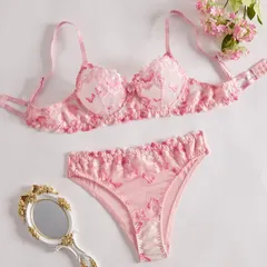 073ピンク　セクシーランジェリー　ブラジャーショーツセット シースルー　 花柄シアーレースブラ　ブラショーツ セクシー　勝負下着