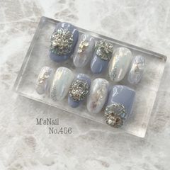 ネイルチップ チップ ニュアンス うるうる ちゅるん 花 フラワー 可愛い 韓国 水色