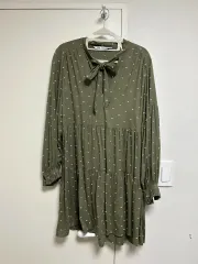 ZARA カーキ ドット リボン Long ワンピース S