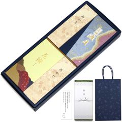 【人気商品】お悔やみ 線香 ギフト 贈答用 四十九日 一周忌 新盆 【 花琳・渡月2種 白檀 御供 外のし ロウソク・お悔やみ弔文・手提げ袋付】日本製 少煙