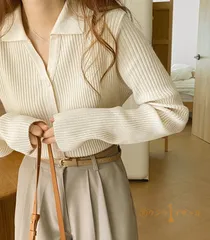 ニットカーディガン レディース 秋 冬 ニット トップス カーディガン リブニット リブポロカーデ 襟付き vネック 長袖 羽織り デザイン ノーカラー インナー レイヤード風 フィット オシャレ xinyida01