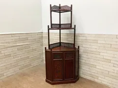 ■コーナーキャビネット 唐木 無垢材 中国美術 シェルフ コーナーラック アンティーク レトロ 飾り棚 インテリア (畑864)のサムネイル