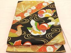 平和屋着物◎六通柄袋帯 唐織 鴛鴦花文 黒地 金銀糸 正絹 逸品