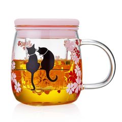 ポカロティー 耐熱ガラス茶こし付きマグカップ 透明 紅茶 温度で色が変わる桜猫カップ 和桜 春の日 桜満開 不思議な猫 幸せ 取手蓋付き 恋愛結婚誕生日記念日お祝い 満水容量 480ml (適正 400ml)