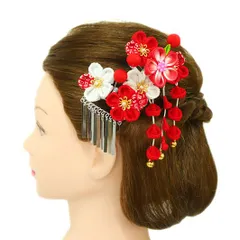 七五三 髪飾り 三歳 七歳 日本髪 つまみ細工 赤 花 2点セット 白 ちりめん 玉飾り 下がり 藤下がり 鈴 鈴付き ビラ簪 鹿の子 No.12-0100